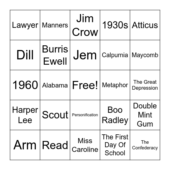 To Kill a Mockingbird Bingo Card