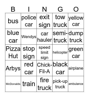 Car Bingo Card