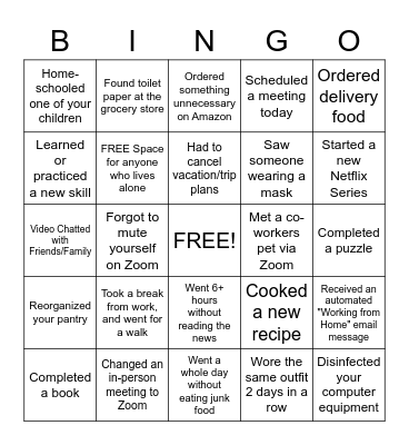 COVID-19 Work from Home Bingo Card