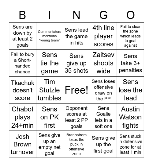 Sens Tank Game Bingo Card