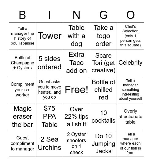 Tori's Game Bingo Card