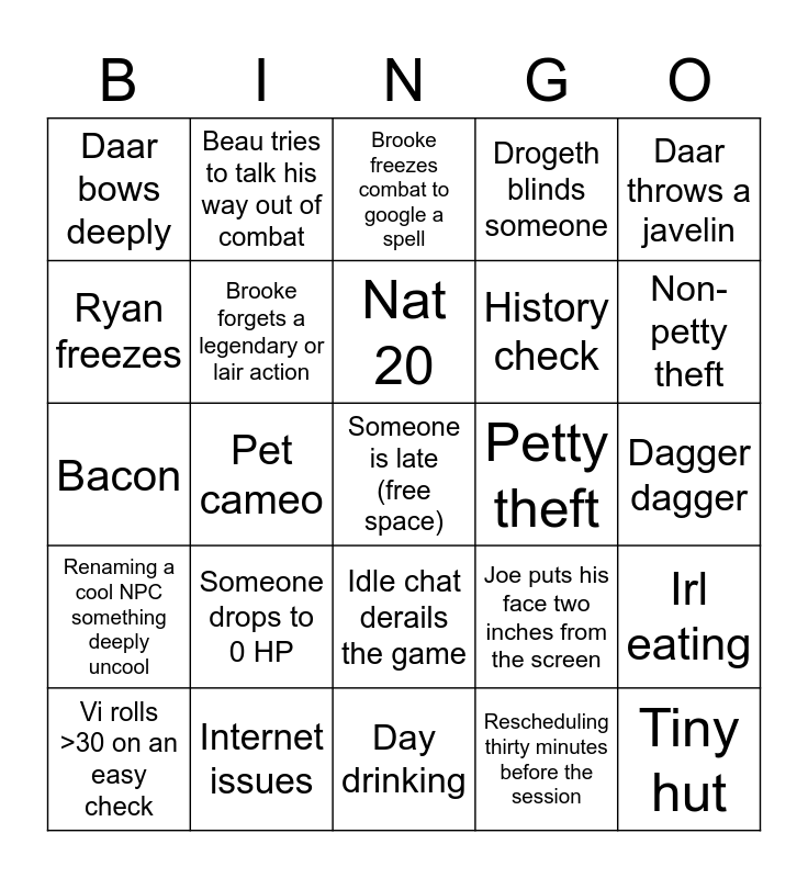 Blind Assembly session Bingo Card