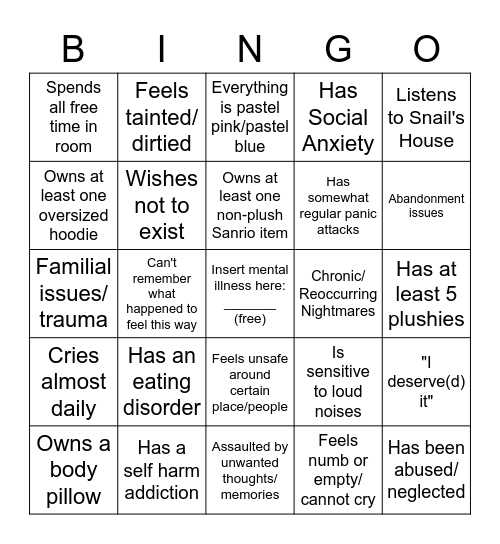 Traumacore Bingo Card