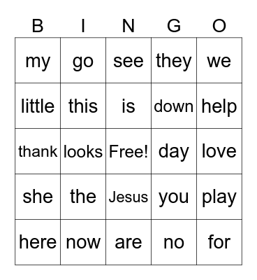 Level A Sight Words Bingo Card