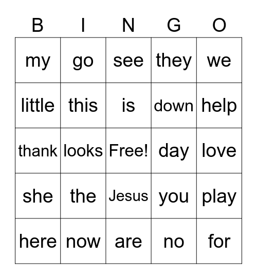 Level A Sight Words Bingo Card
