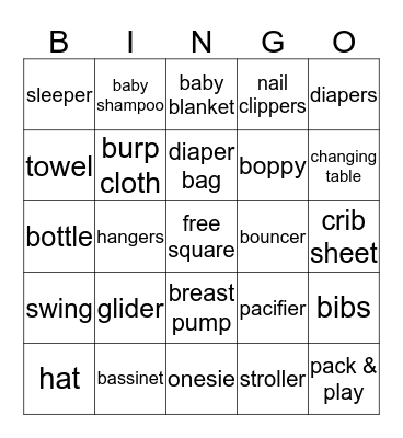 Sarah's Baby Bingo Card