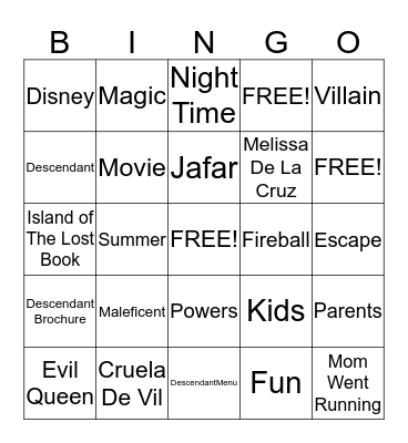 Disney Descendants Bingo Card