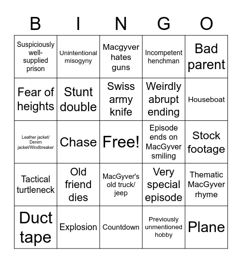 MacGyver Bingo Card