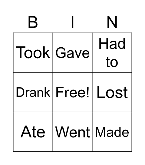 KB4 Past Verbs Bingo Card
