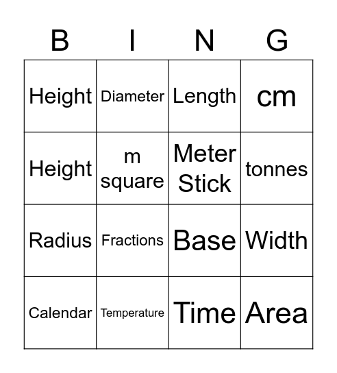 Measurement Vocabulary Bingo Card