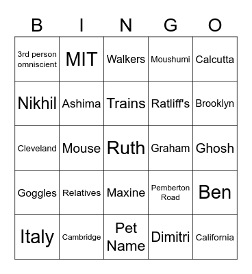The Namesake Bingo Card
