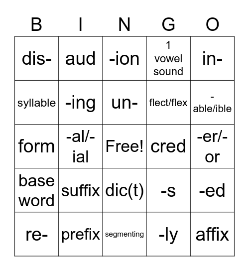 Word Parts Bingo Card