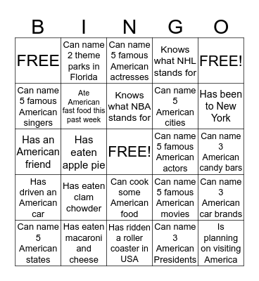 American Bingo Card