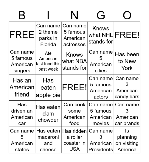 American Bingo Card