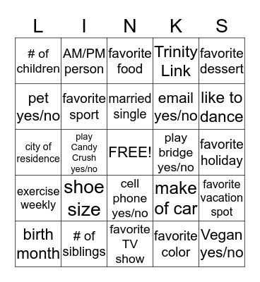 Trinity Link Bingo Card