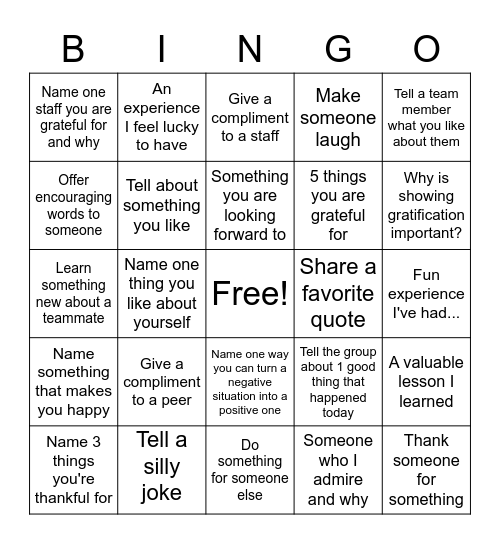 Attitude of Gratitude Bingo Card