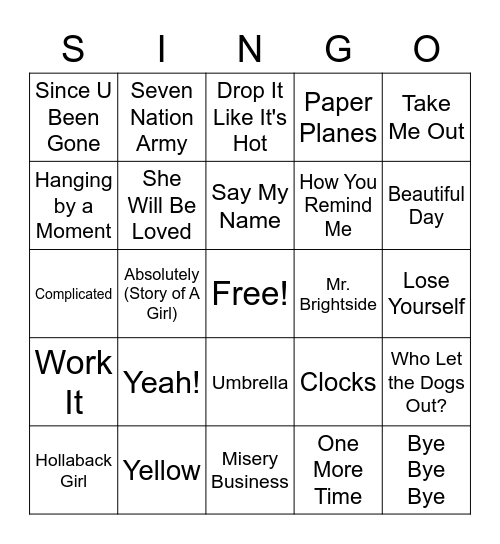 2000s Singo Bingo Card