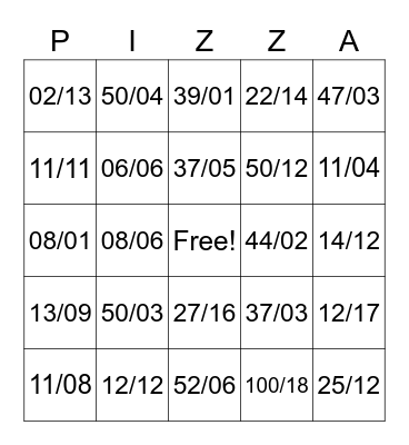 PIZZA BINGO Card