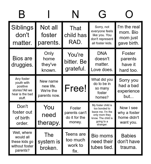 Foster Youth Bingo Card
