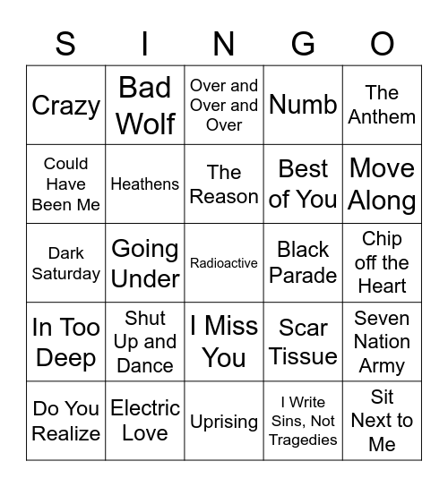 Alt Rock 2000 - 2022 Bingo Card