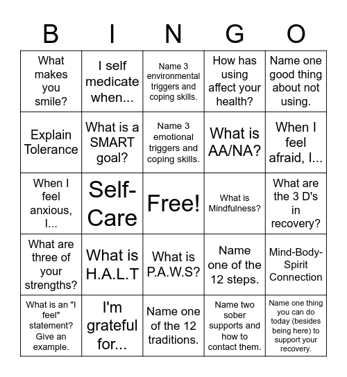 Recovery Bingo Card