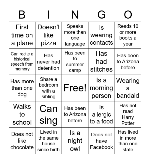 GET ACQUAINTED BINGO Card