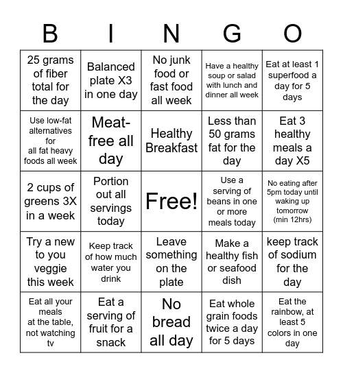 Food Challenge Bingo Card