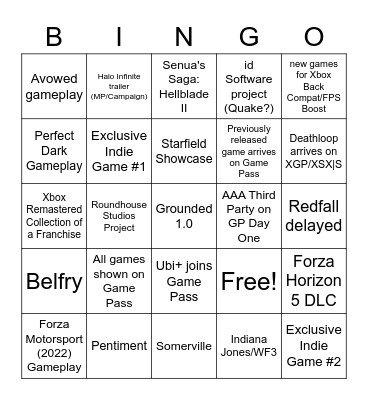 XBOX E3 2022 SHOWCASE Bingo Card