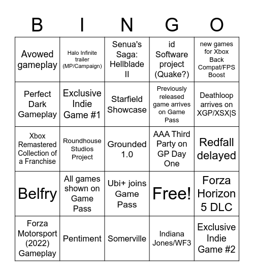 XBOX E3 2022 SHOWCASE Bingo Card