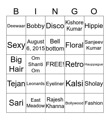 Back to the 70s Bollywood Bingo Card