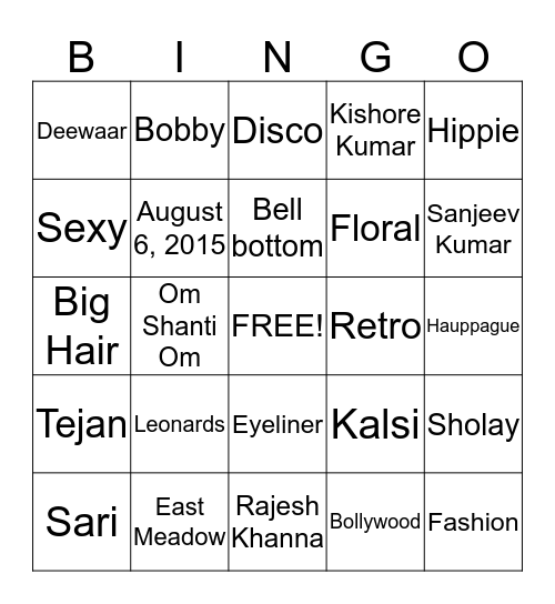 Back to the 70s Bollywood Bingo Card