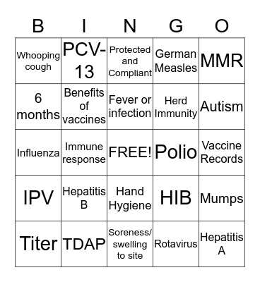 Immunizations Bingo Card