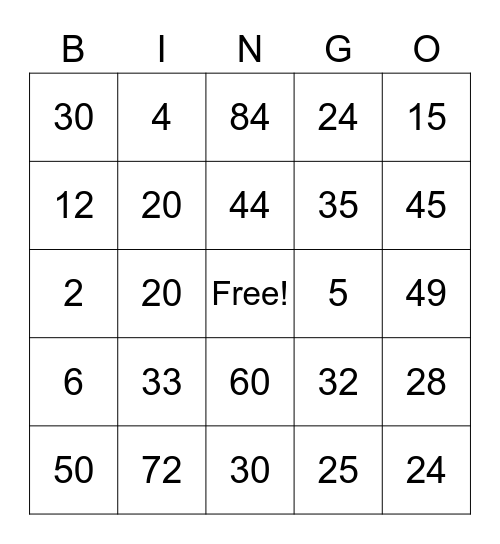 Math Bingo Card