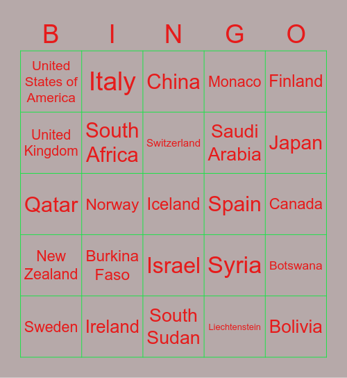 Countries Bingo Card