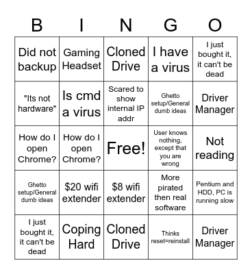 Tech Support Bingo Card