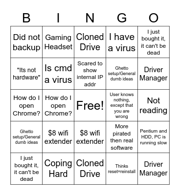 Tech Support Bingo Card
