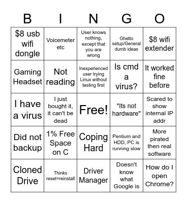 Tech Support Bingo Card