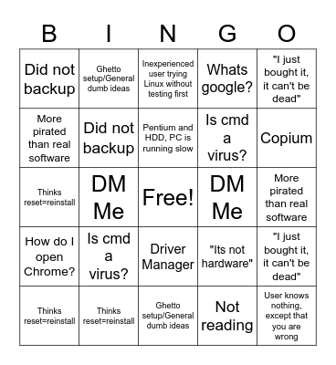 Tech Support Bingo Card
