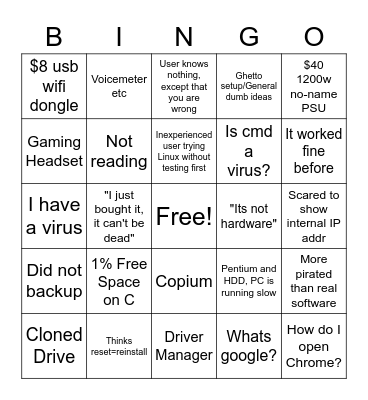 Tech Support Bingo Card