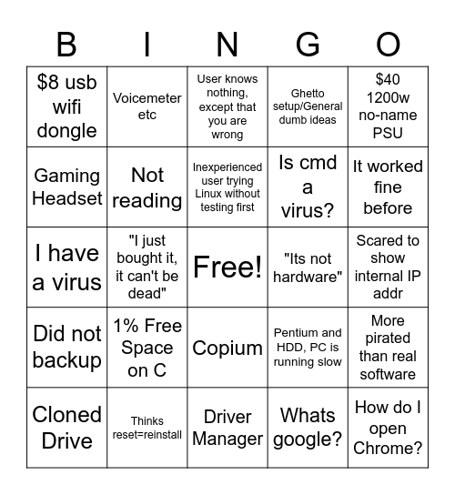 Tech Support Bingo Card