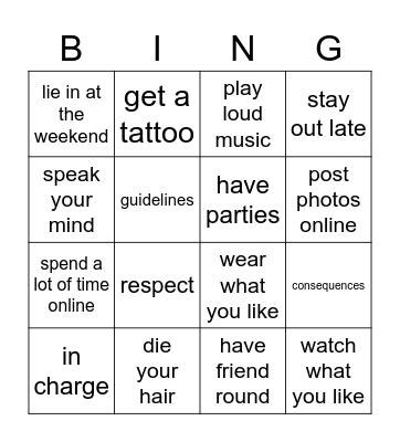 Personal Freedom Bingo Card