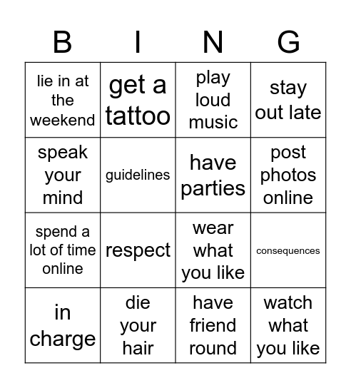 Personal Freedom Bingo Card