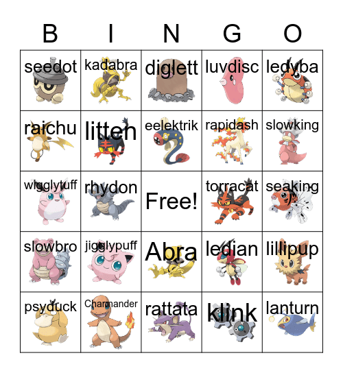 Pokemon Pics and Names Bingo Card