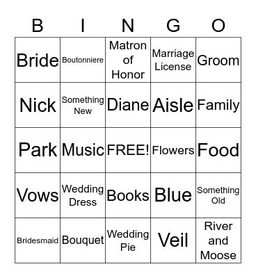 Nick & Diane Wedding Bingo Card