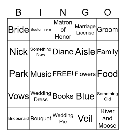 Nick & Diane Wedding Bingo Card
