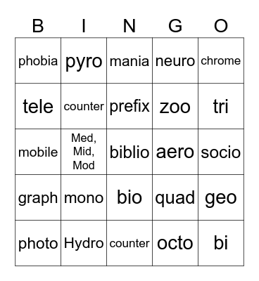 Word Parts Bingo Card