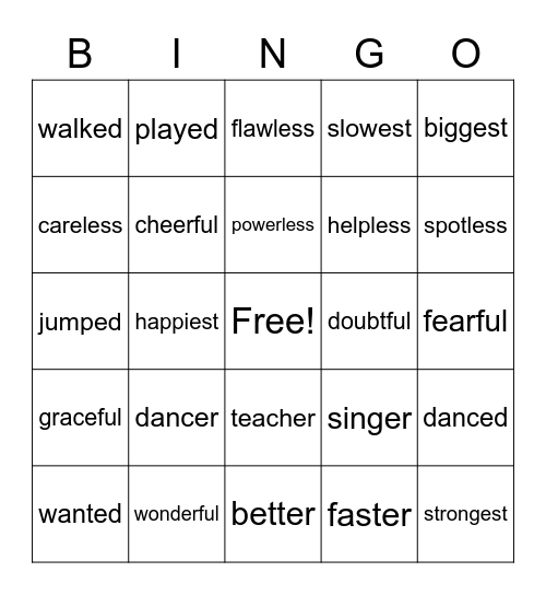 Suffix Review Bingo Card