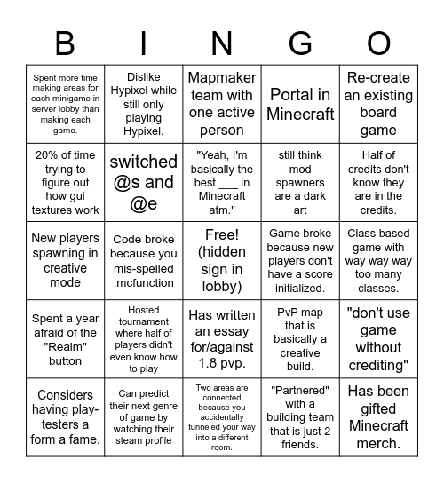 Minecraft minigame Bingo Card