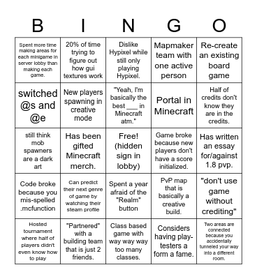 Minecraft minigame Bingo Card