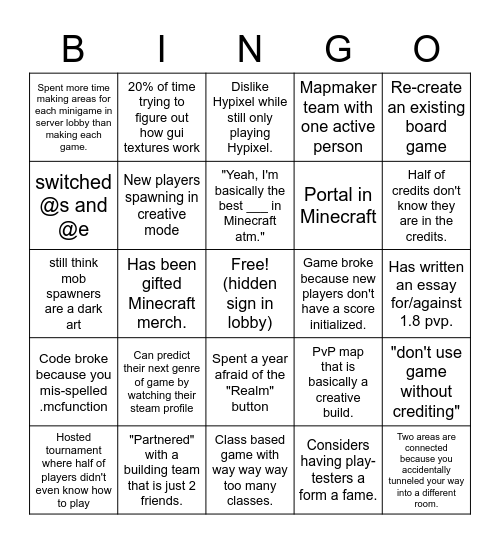 Minecraft minigame Bingo Card